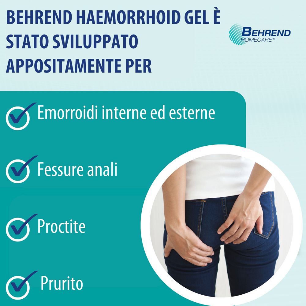 Gel per emorroidi Behrend, indicazioni: emorroidi interne ed esterne, fessure anali, proctite, prurito.