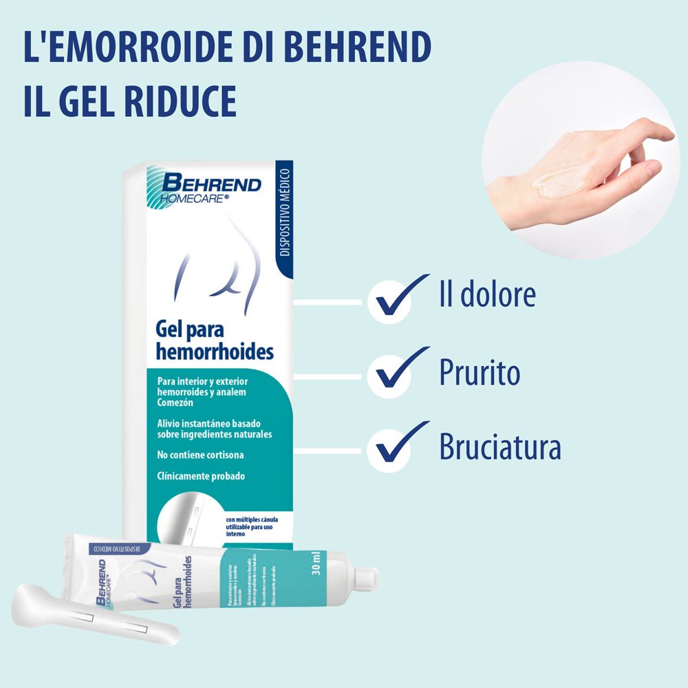 Gel per emorroidi Behrend riduce dolore, prurito, bruciore. Prodotto e confezione.