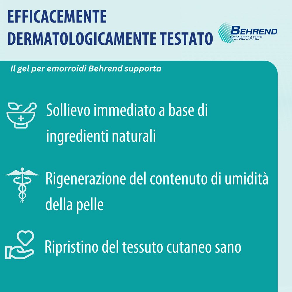 Gel per emorroidi Behrend supporta sollievo immediato, rigenerazione, pelle sana. Testo.