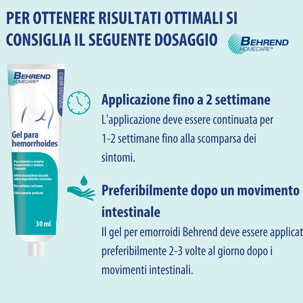 Gel per emorroidi Behrend, dosaggio: applicazione fino a 2 settimane, preferibilmente dopo l'evacuazione.