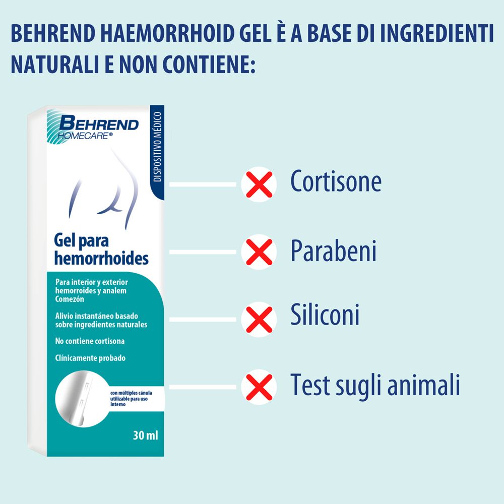 Gel per emorroidi Behrend, ingredienti: senza cortisone, parabeni, siliconi, test sugli animali. Testo.