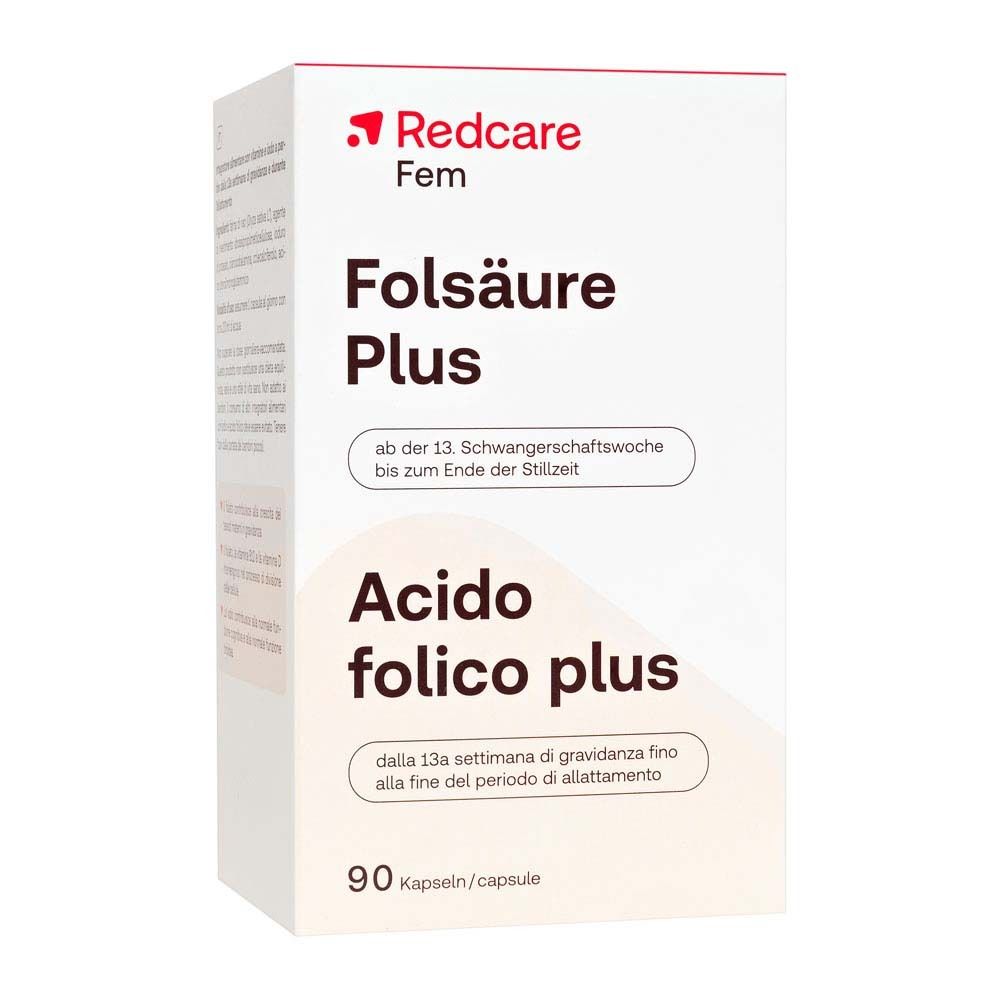 Confezione Redcare Fem Folsäure Plus. Contiene 90 capsule. Testo: Folsäure Plus, dalla 13a settimana.