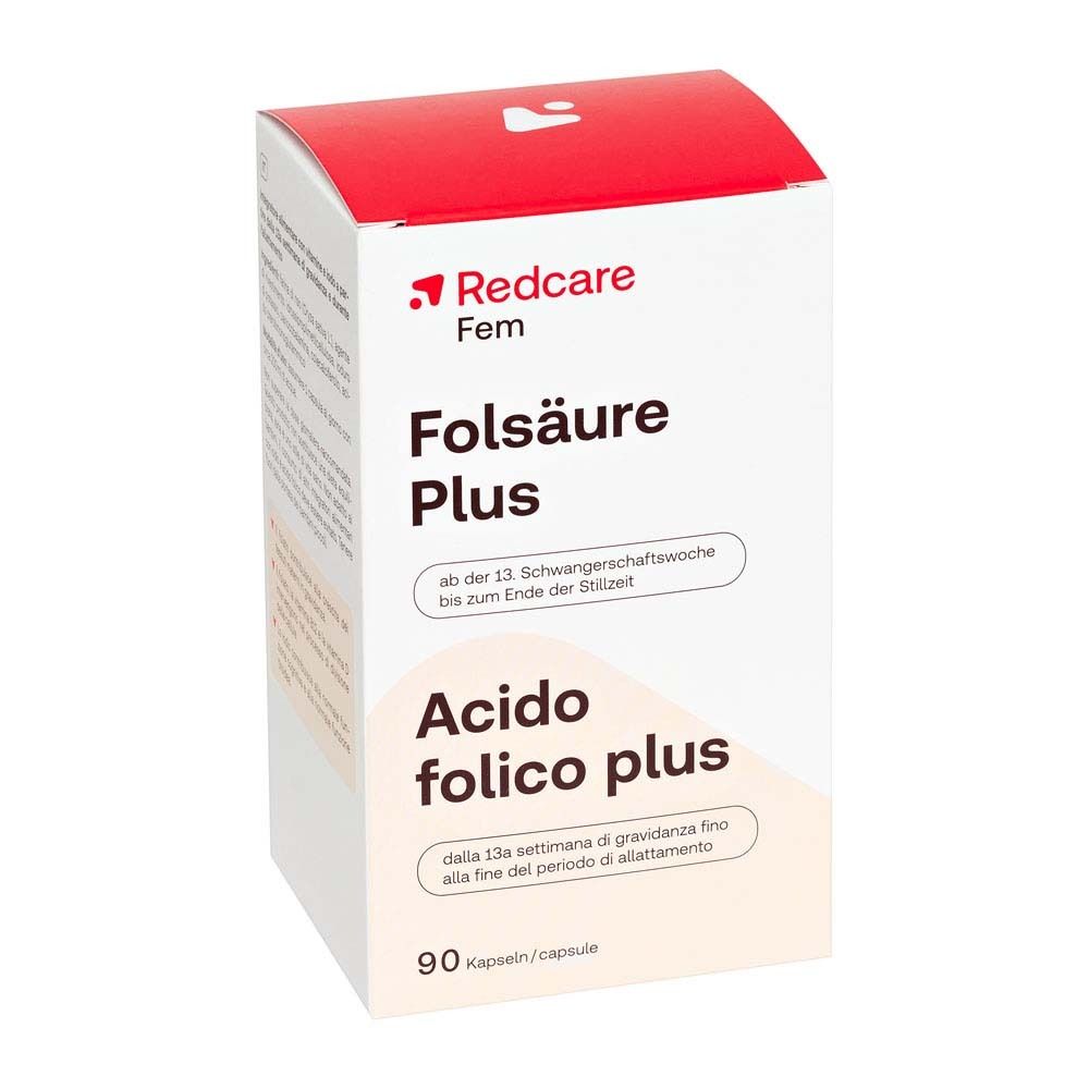 Confezione Redcare Fem Folsäure Plus. Contiene 90 capsule. Testo: Folsäure Plus, dalla 13a settimana.