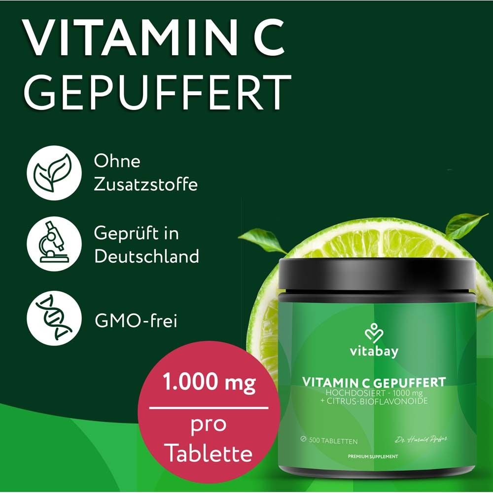 Barattolo verde di vitamina C tamponata. Testo: 1.000 mg per compressa. Senza additivi. Testato in Germania. Senza OGM.