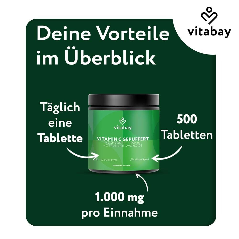 Barattolo verde di vitamina C tamponata. Testo: Una compressa al giorno. 500 compresse. 1.000 mg per assunzione.