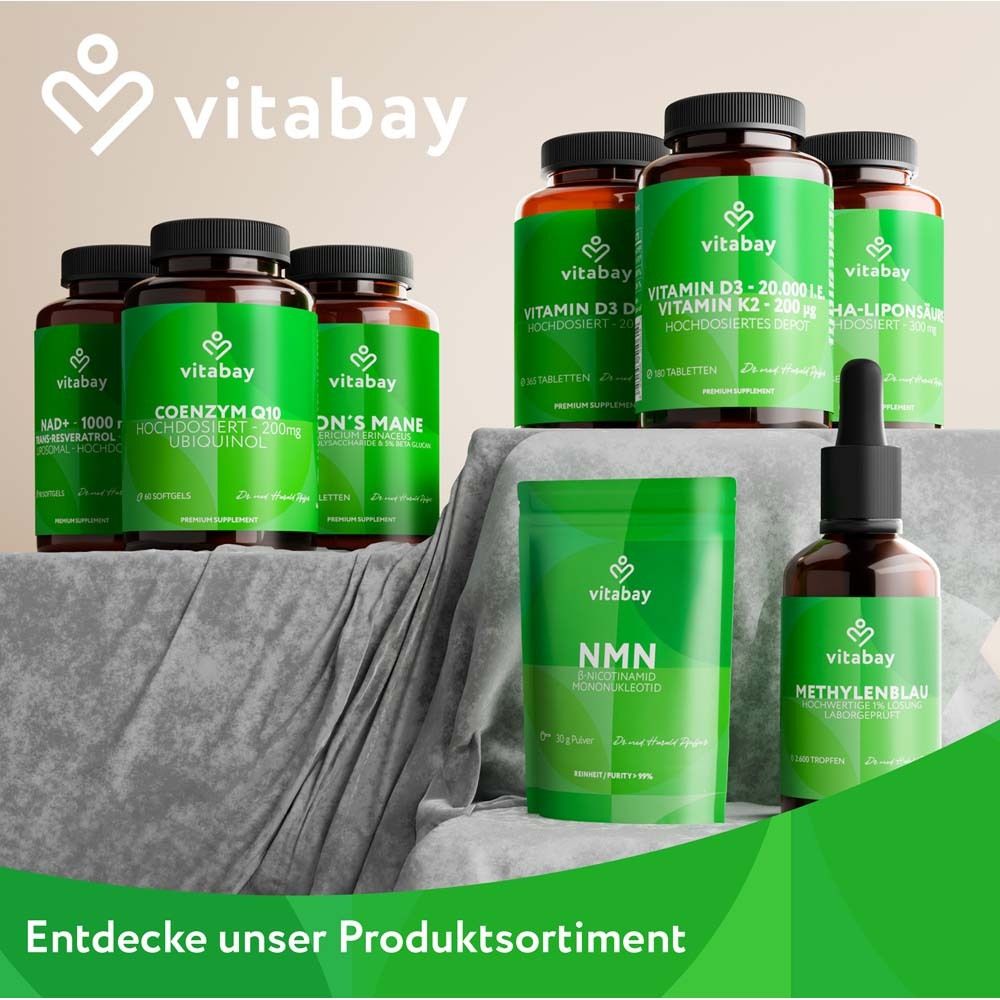 Diversi prodotti Vitabay. Vitamina D3, K2, Coenzima Q10, NMN, Blu di metilene, ecc.
