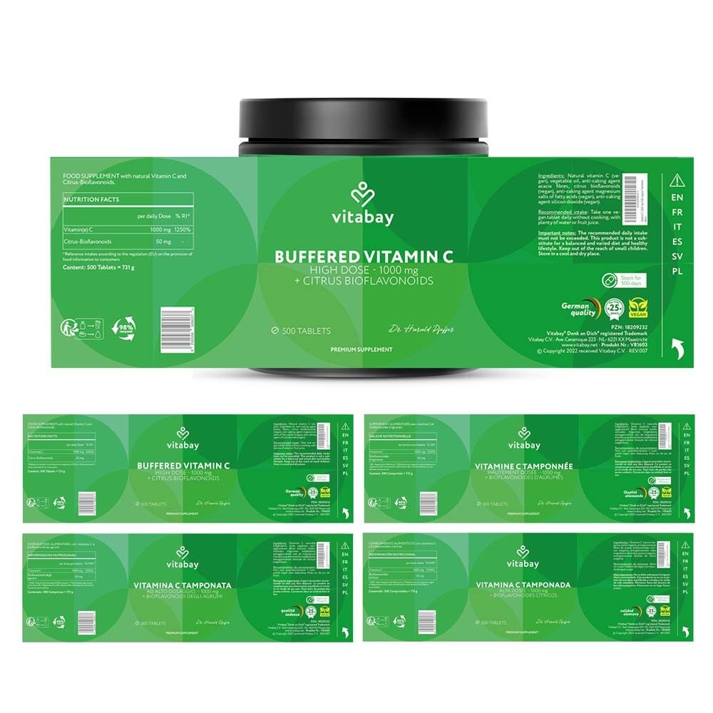 Confezione di vitamina C tamponata. Etichette multilingue. Ingredienti, informazioni nutrizionali, produttore.