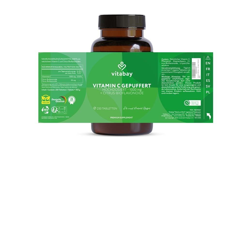 Flacone marrone con etichetta verde. Scritta: Vitamina C tamponata, 1000 mg + Bioflavonoidi agrumati, 250 compresse.