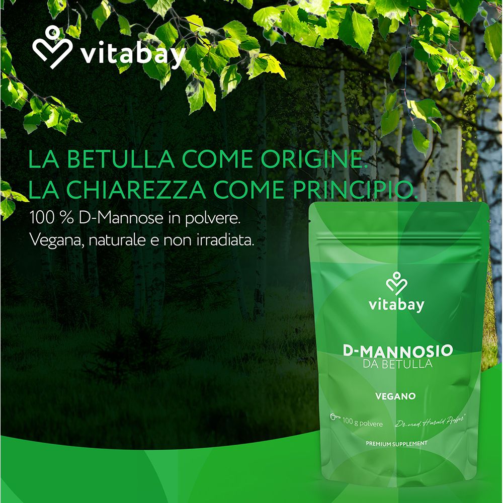 Bustina stand-up con polvere 'D-Mannosio da Betulla'. Logo Vitabay. Testo: Da betulla, chiarezza come principio. Vegano, naturale, non irradiato.