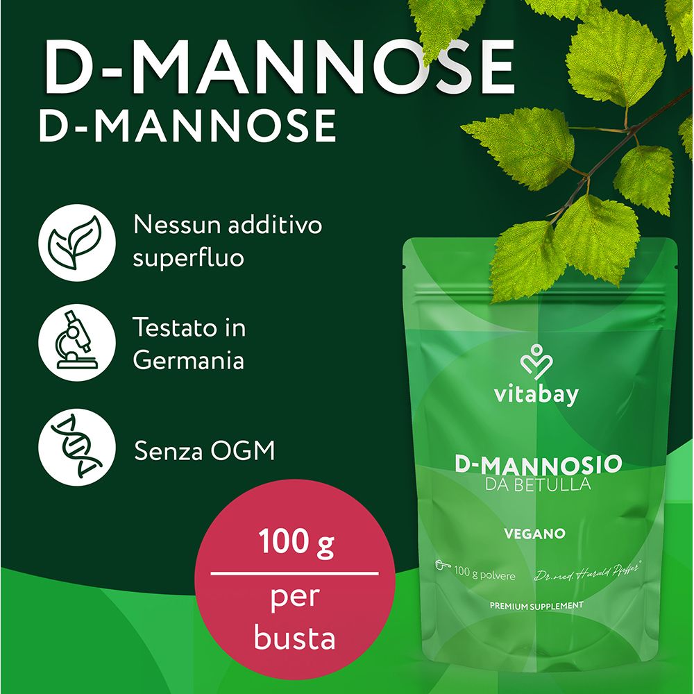 D-Mannosio in polvere in busta verde da 100g. Marca Vitabay.