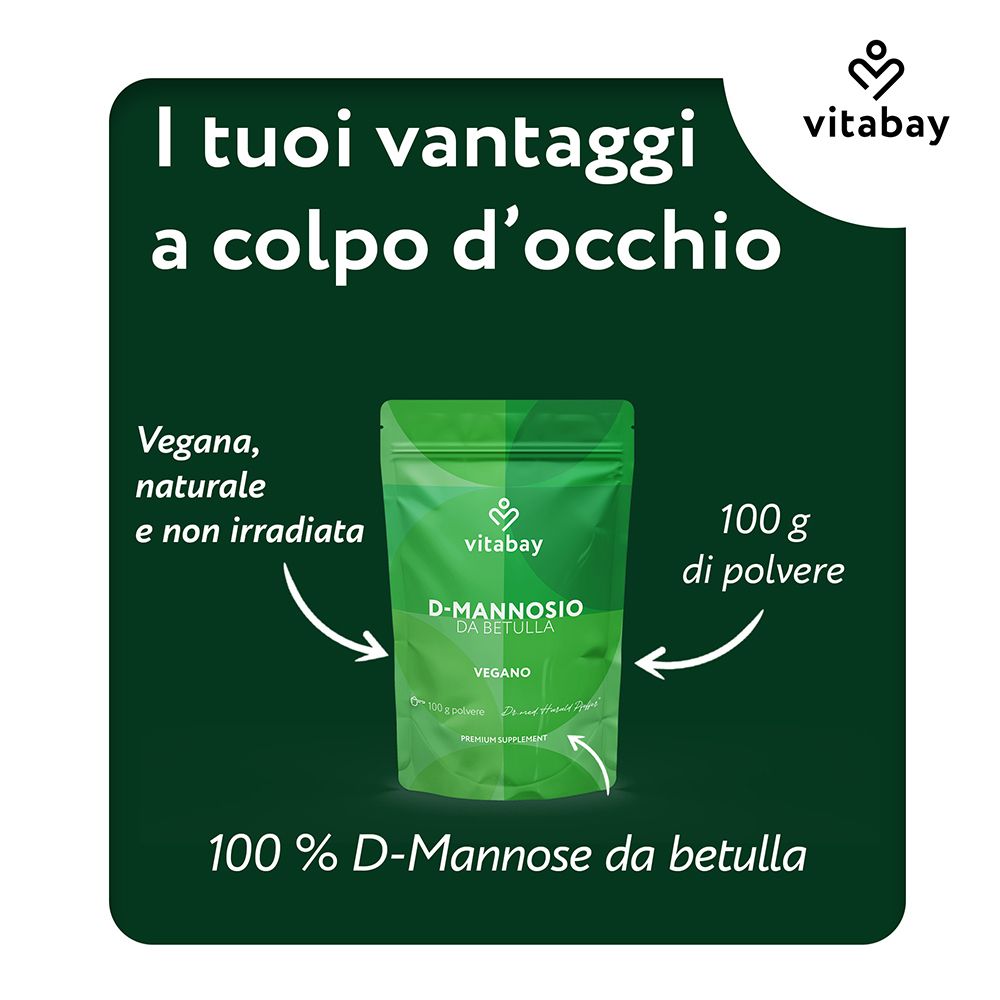Vitabay D-Mannosio in polvere in busta verde, 100g. Vegano, naturale, non irradiato.