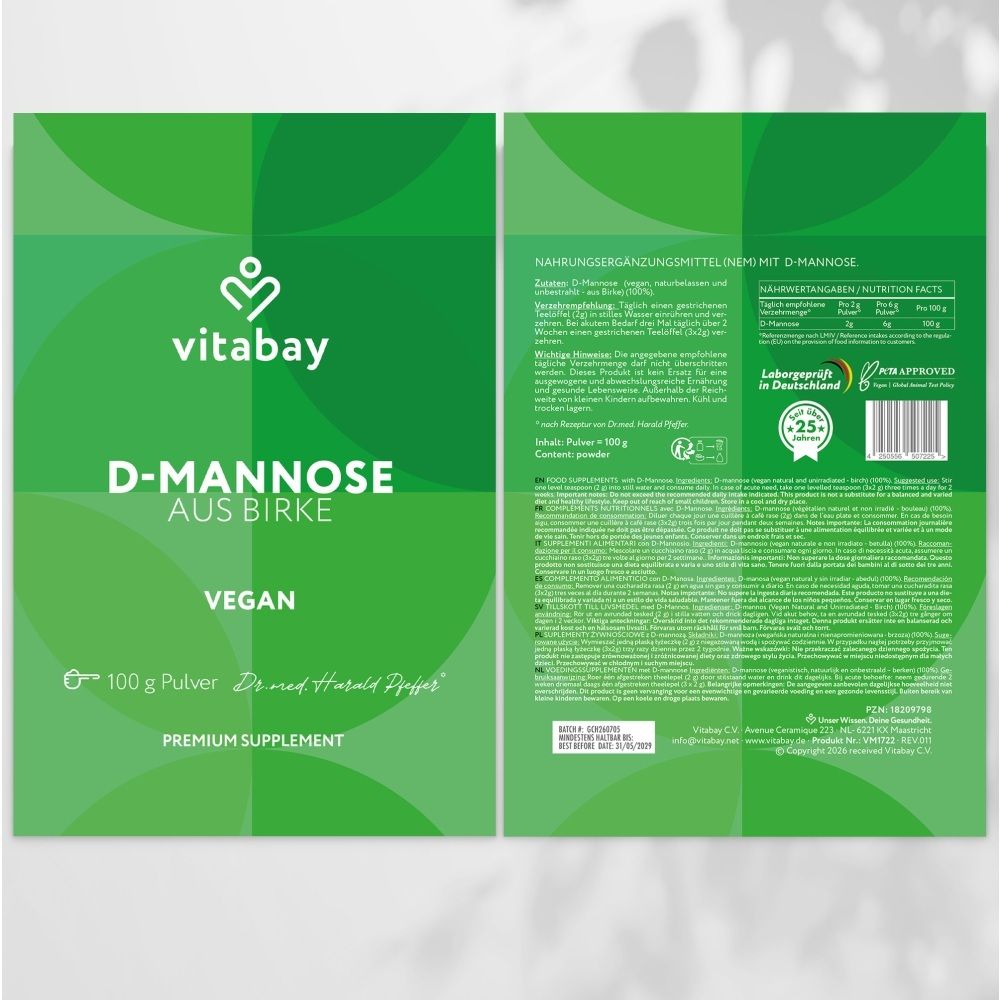 Fronte e retro del sacchetto Vitabay D-Mannosio da betulla. 100g polvere. Vegano.