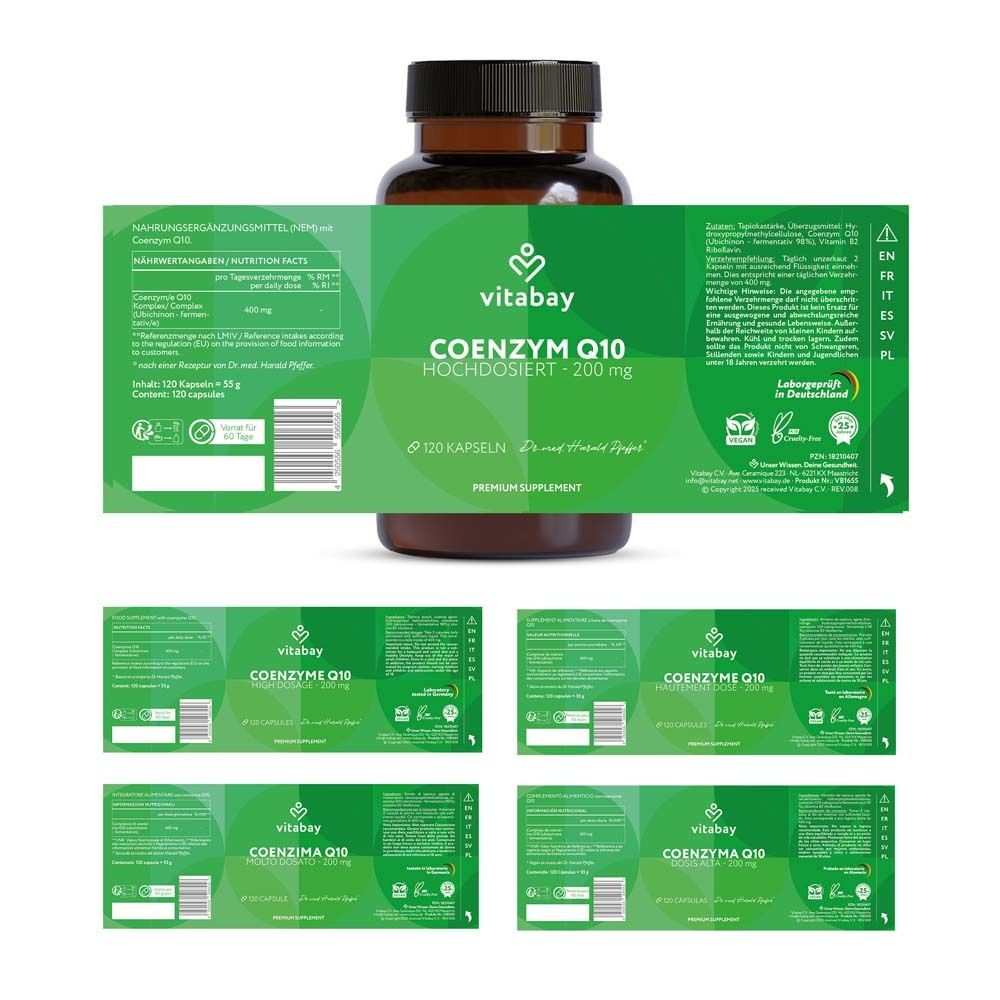 Flacone del prodotto con etichetta. L'etichetta mostra informazioni su ingredienti, dosaggio e produttore.