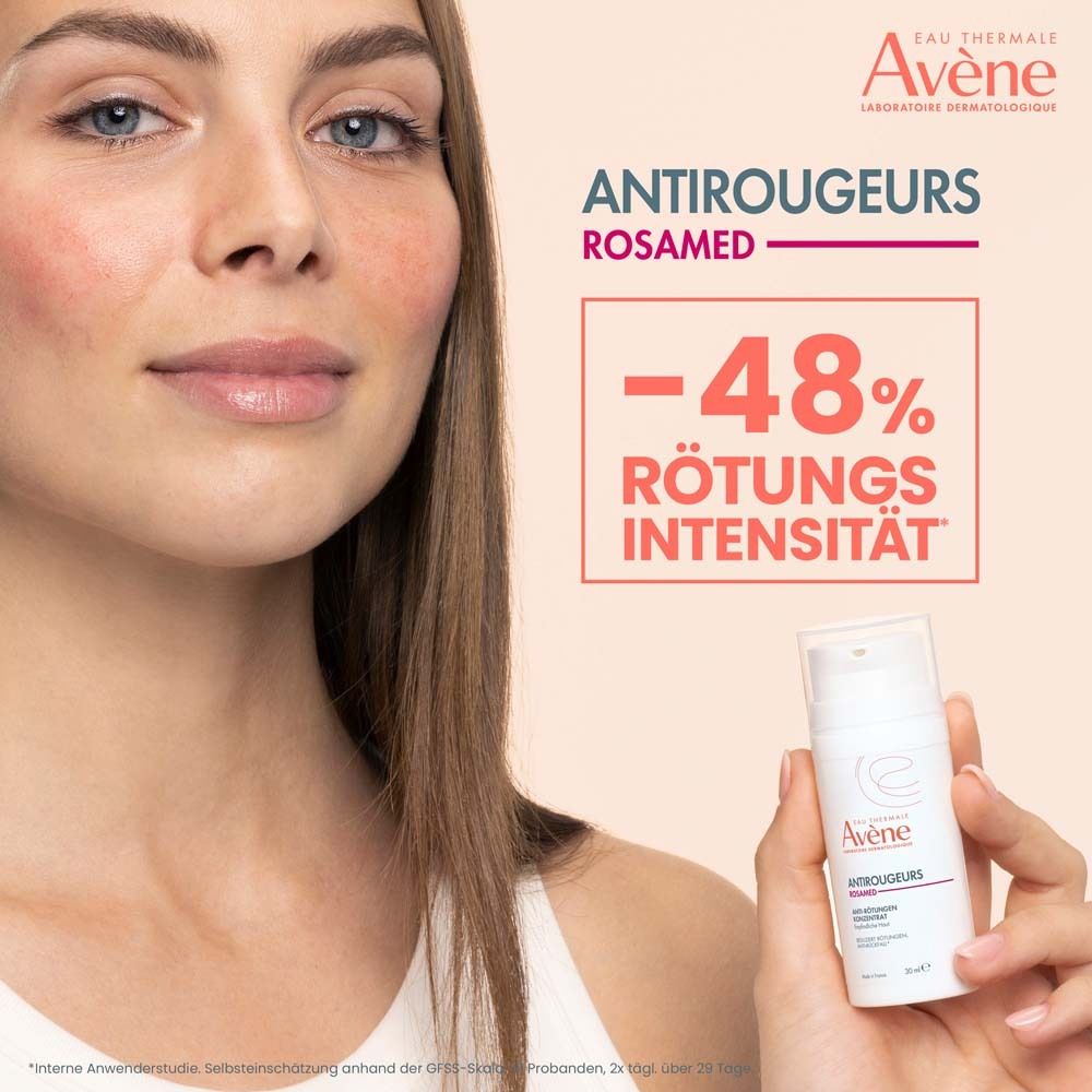 Donna con pelle arrossata. Prodotto in mano. Testo: -48% intensità rossore. Avène Antirougeurs Rosamed.