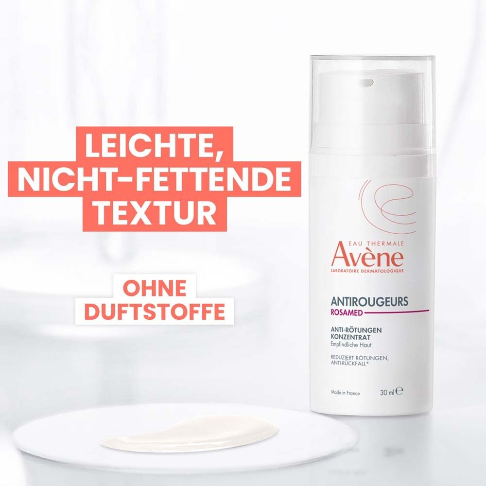 Immagine del prodotto. Testo: Texture leggera, non grassa. Senza profumo. Avène Antirougeurs Rosamed.