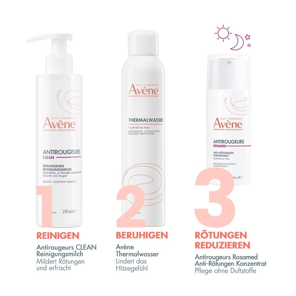 Tre prodotti: Detergere, Lenire, Ridurre i rossori. Prodotti Avène.