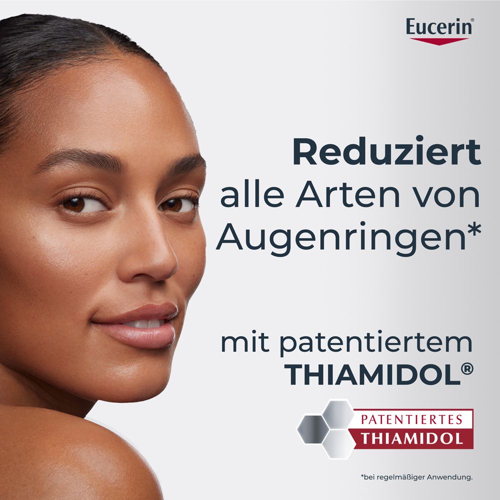 Donna con pelle liscia che promuove Eucerin Anti-Pigment contorno occhi.