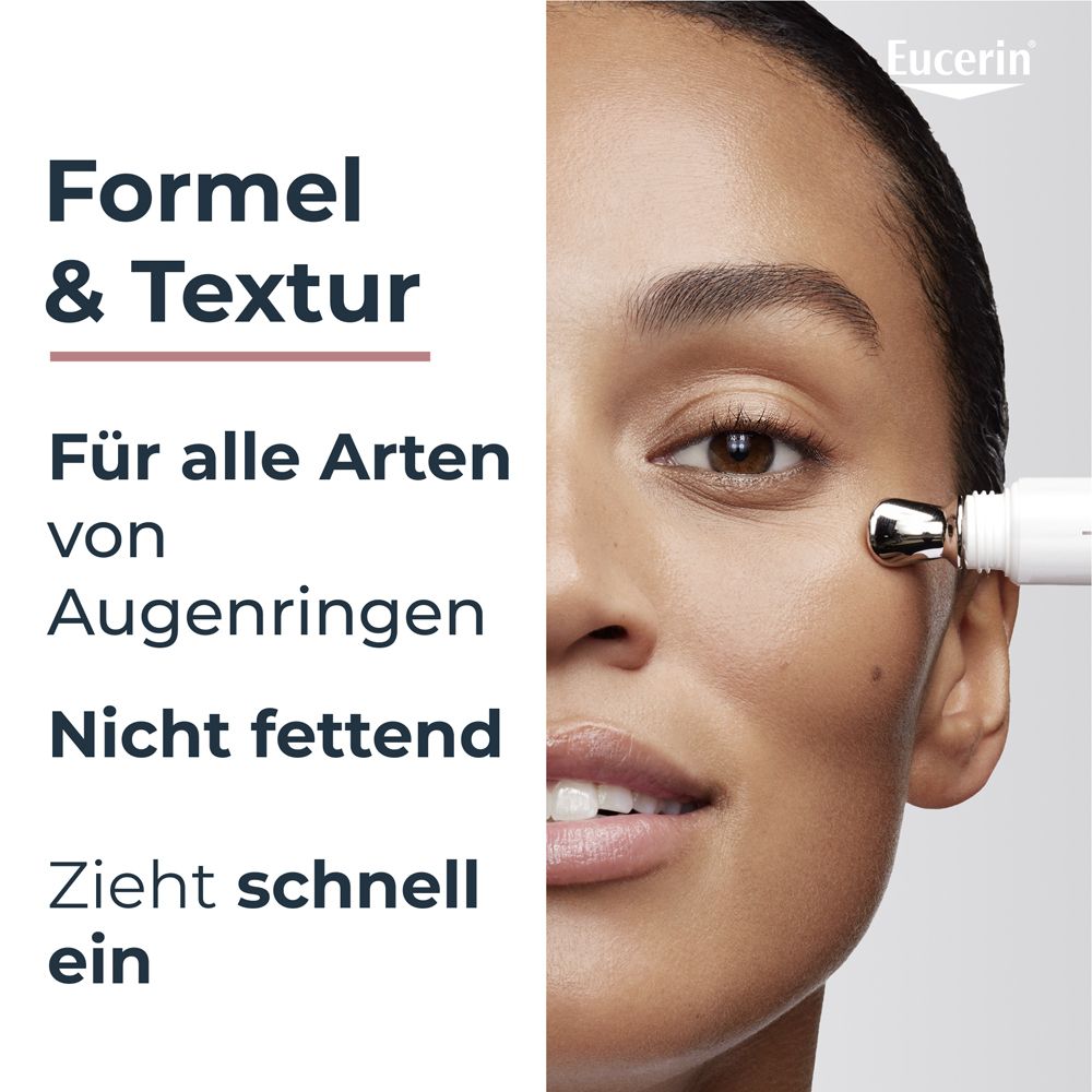 Donna con pelle liscia che applica la formula e la texture del contorno occhi Eucerin Anti-Pigment.