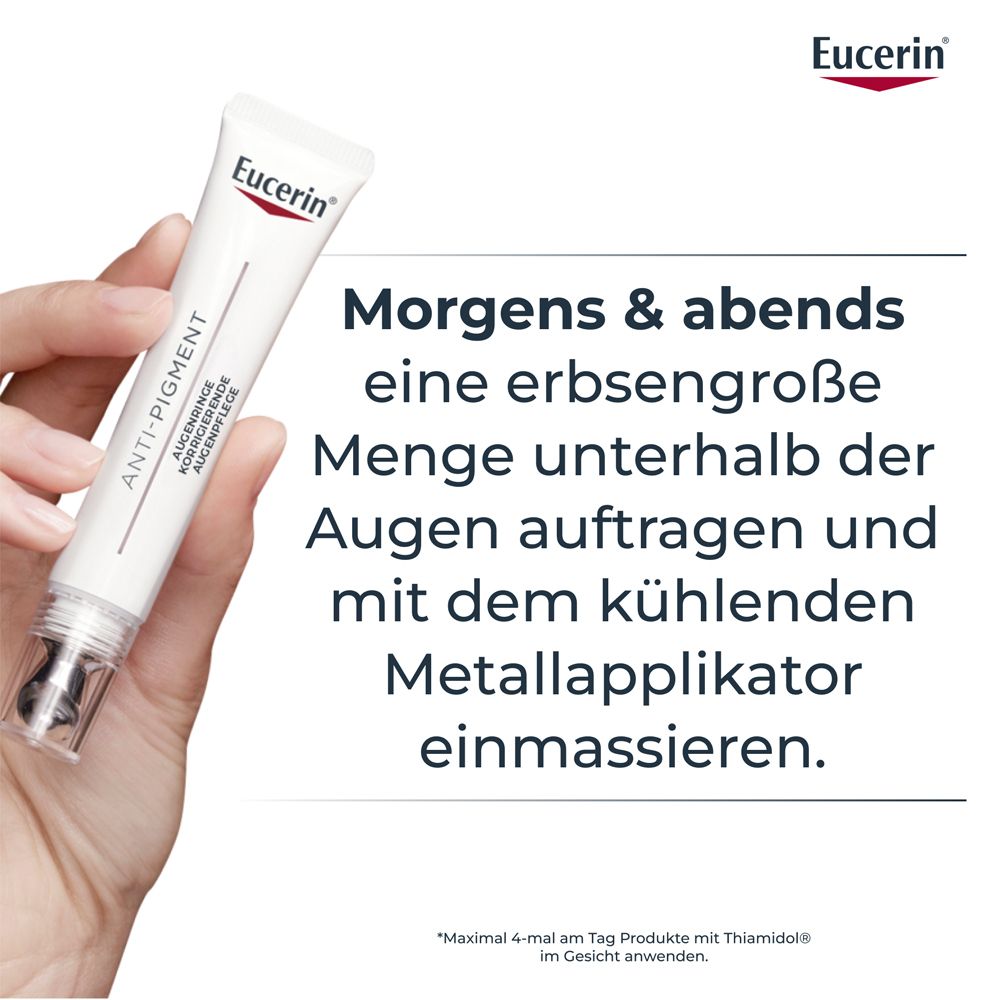 Applicazione del contorno occhi Eucerin Anti-Pigment con applicatore metallico rinfrescante.