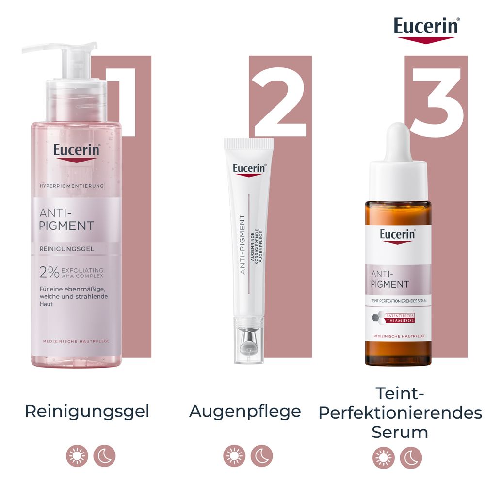 Routine Eucerin Anti-Pigment: detergente, contorno occhi e siero.