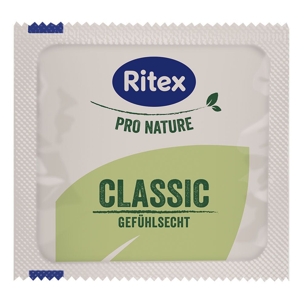 Confezione di preservativo Ritex Pro Nature Classic con motivo a foglia.