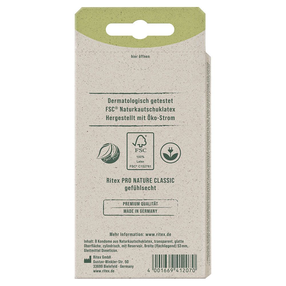 Preservativi Ritex PRO NATURE CLASSIC in lattice di gomma naturale FSC, testati dermatologicamente.