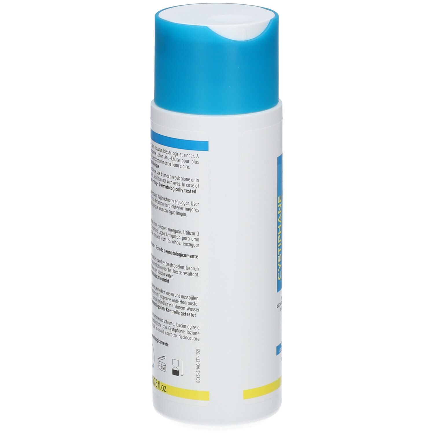 Flacone bianco con tappo a scatto blu, etichettato.
