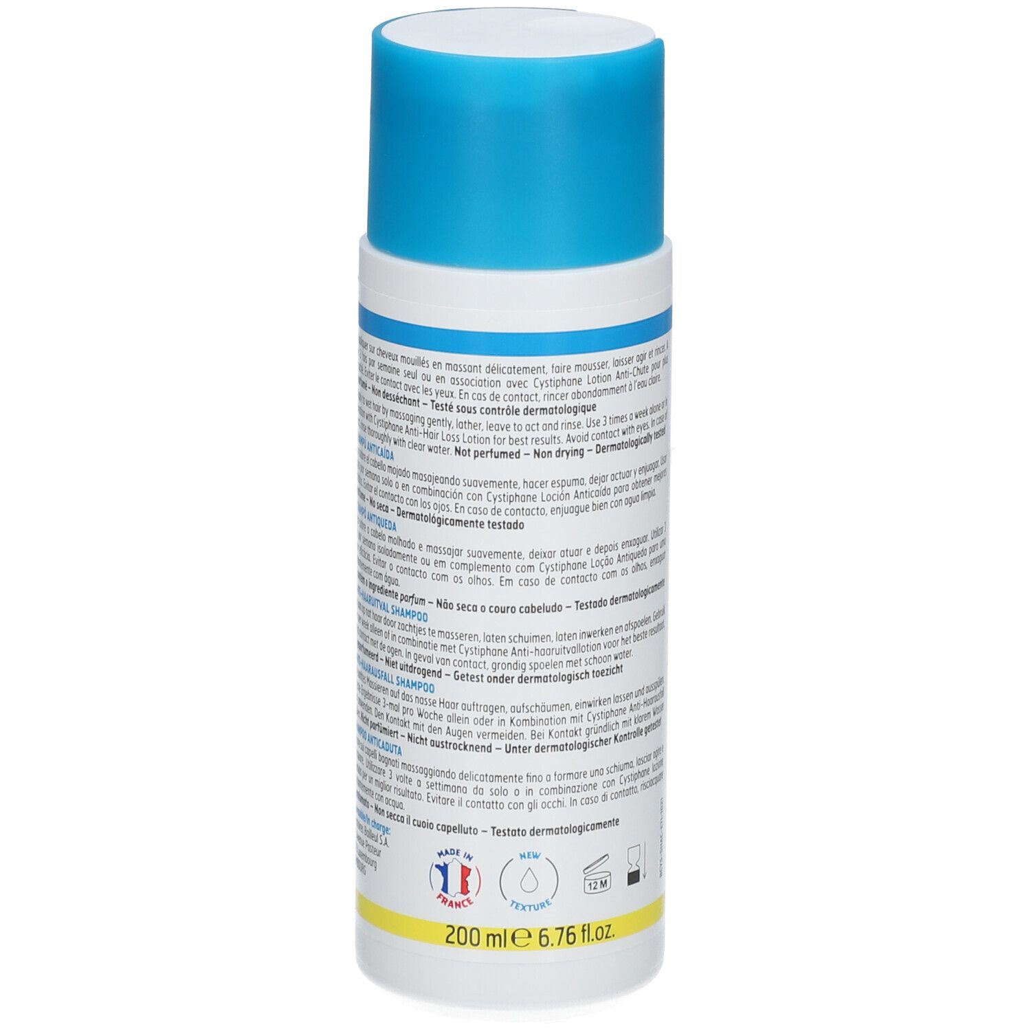 Flacone bianco con tappo blu, 200 ml.