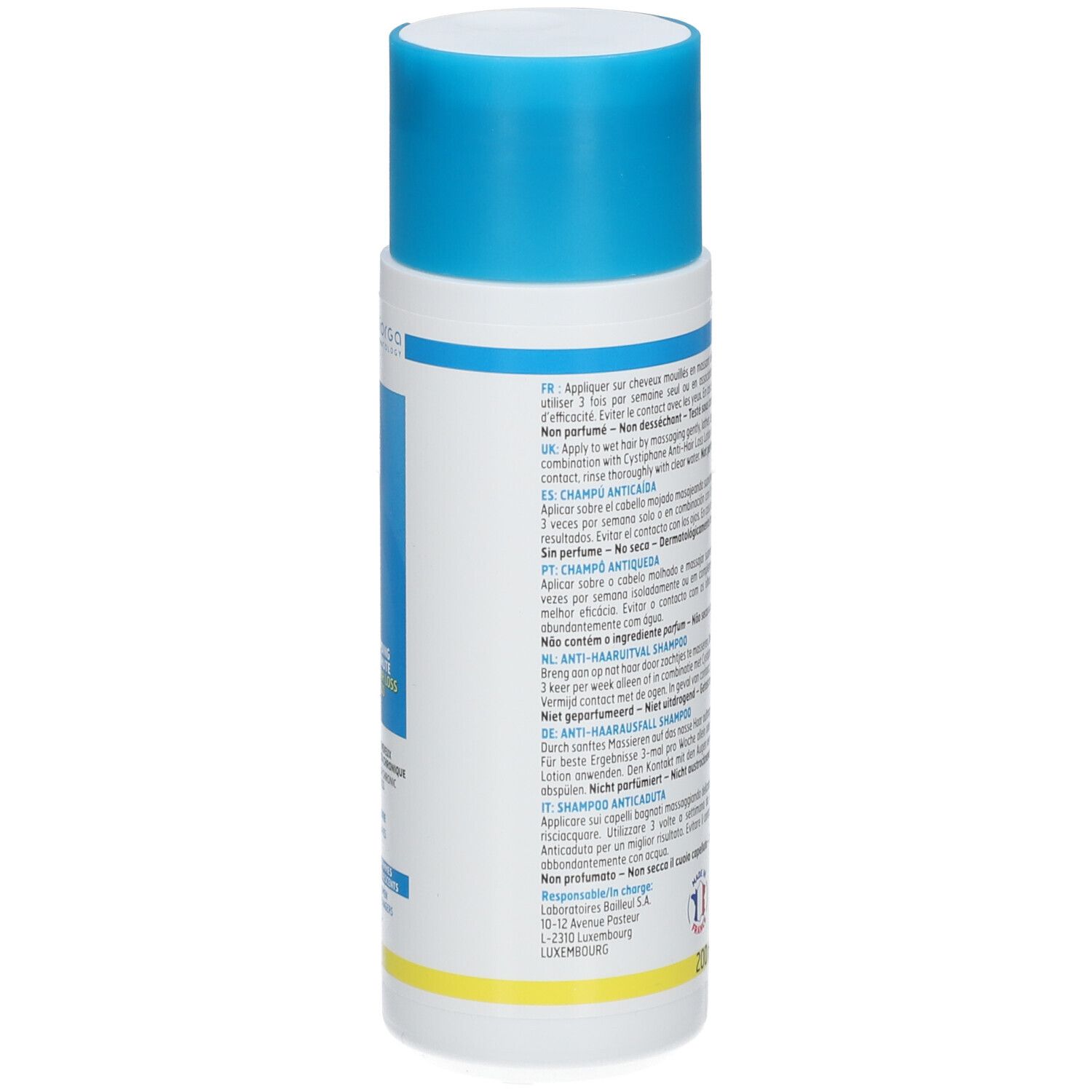 Flacone bianco con tappo blu, etichettato con istruzioni d'uso multilingue.