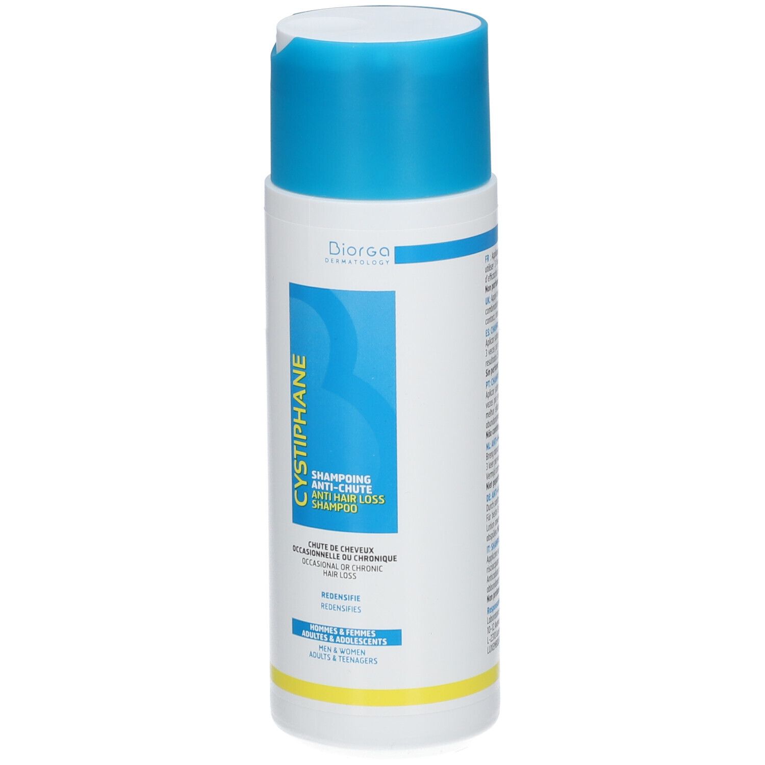 Flacone bianco con tappo blu a ribalta. Etichettatura: Diorga, CYSTIPHANE, SHAMPOOING ANTI-CHUTE ANTI HAIR LOSS SHAMPOO.