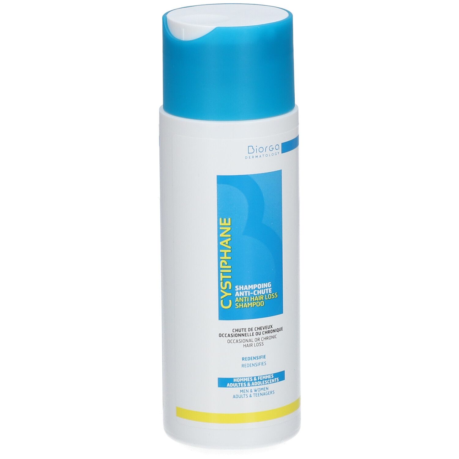 Flacone di shampoo Cystiphane anticaduta con tappo blu a scatto.