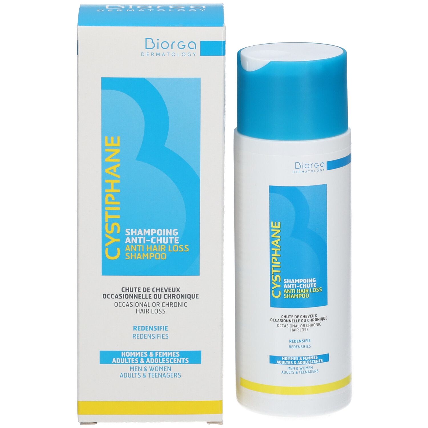 Biorga Cystiphane Shampoo Anticaduta flacone e scatola. Confezione bianco-blu con accenti gialli.
