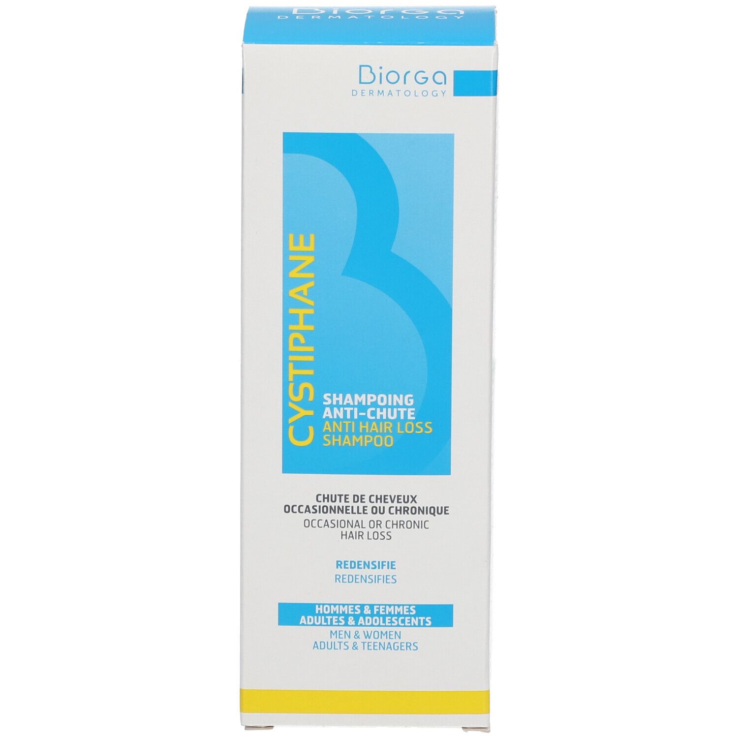 Confezione dello shampoo anticaduta Cystiphane di Diorga Dermatologie. Per uomini e donne.