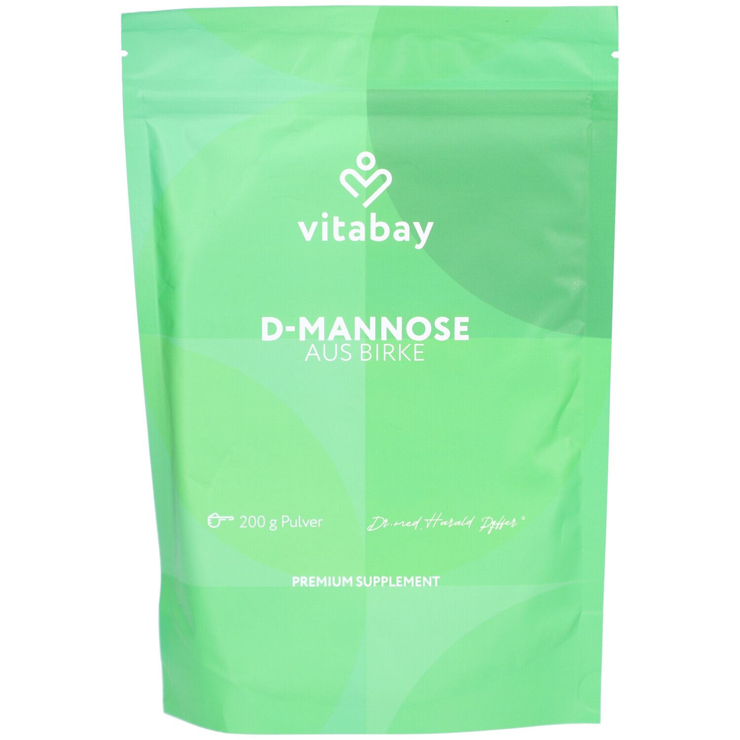 Confezione verde con scritta "vitabay" e "D-Mannose aus Birke". Polvere da 200g. Integratore premium.
