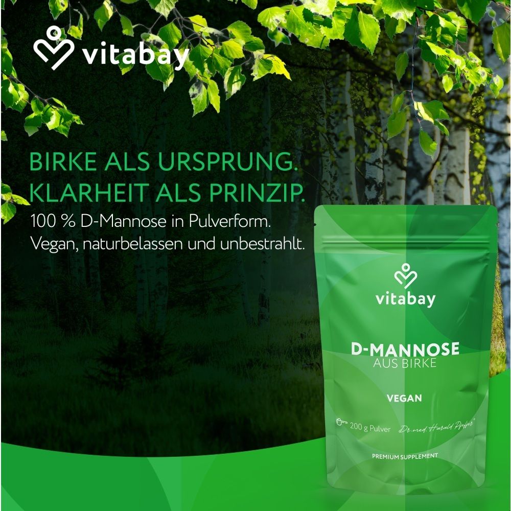 Sacchetto Vitabay D-Mannosio da betulla davanti a un bosco di betulle.