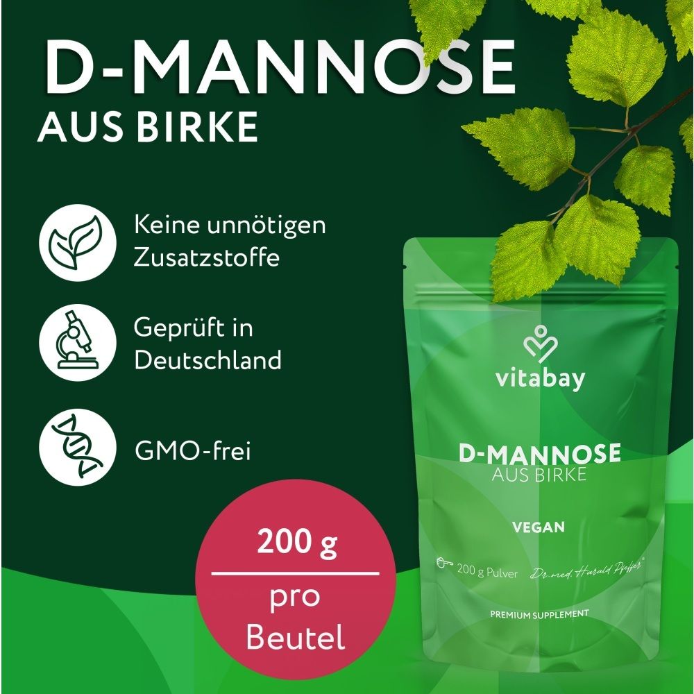 Sacchetto Vitabay D-Mannosio da betulla, 200g, vegano, senza OGM, testato in Germania.