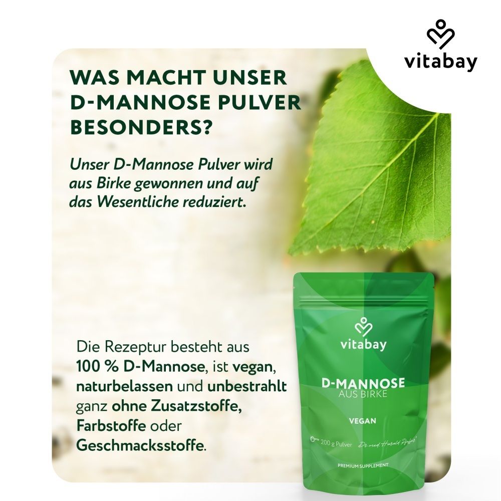 Polvere Vitabay D-Mannosio da betulla: 100% D-Mannosio, vegana, naturale, non irradiata.