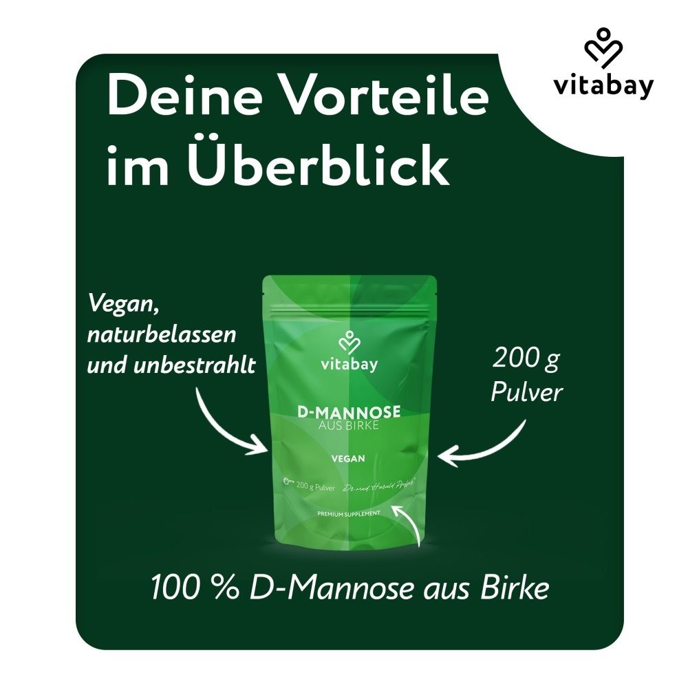 Sacchetto Vitabay D-Mannosio da betulla, polvere 200g, vegano, naturale, non irradiato.