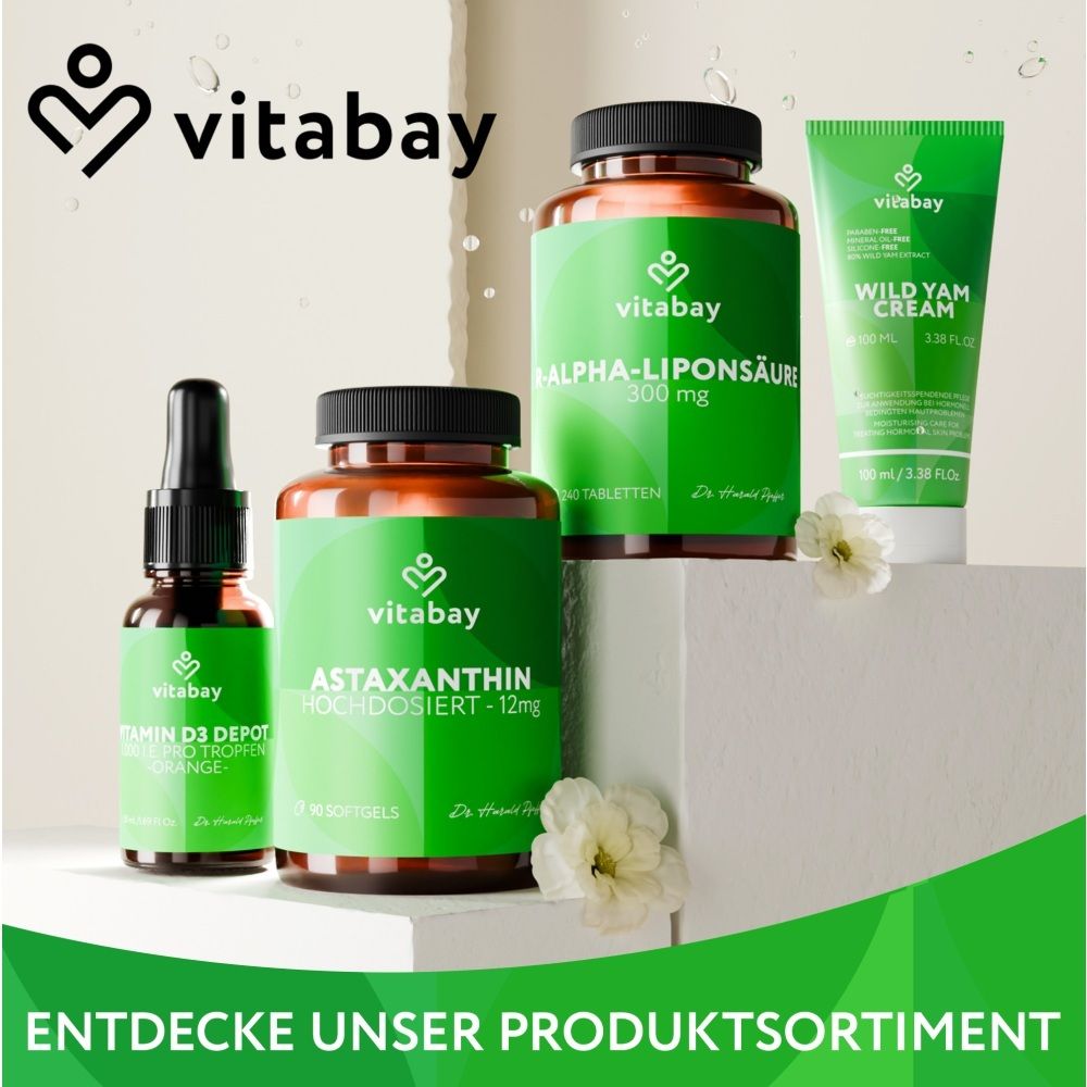 Gamma prodotti Vitabay: Astaxantina, Acido Alfa-Lipoico, Vitamina D3, Crema Wild Yam.