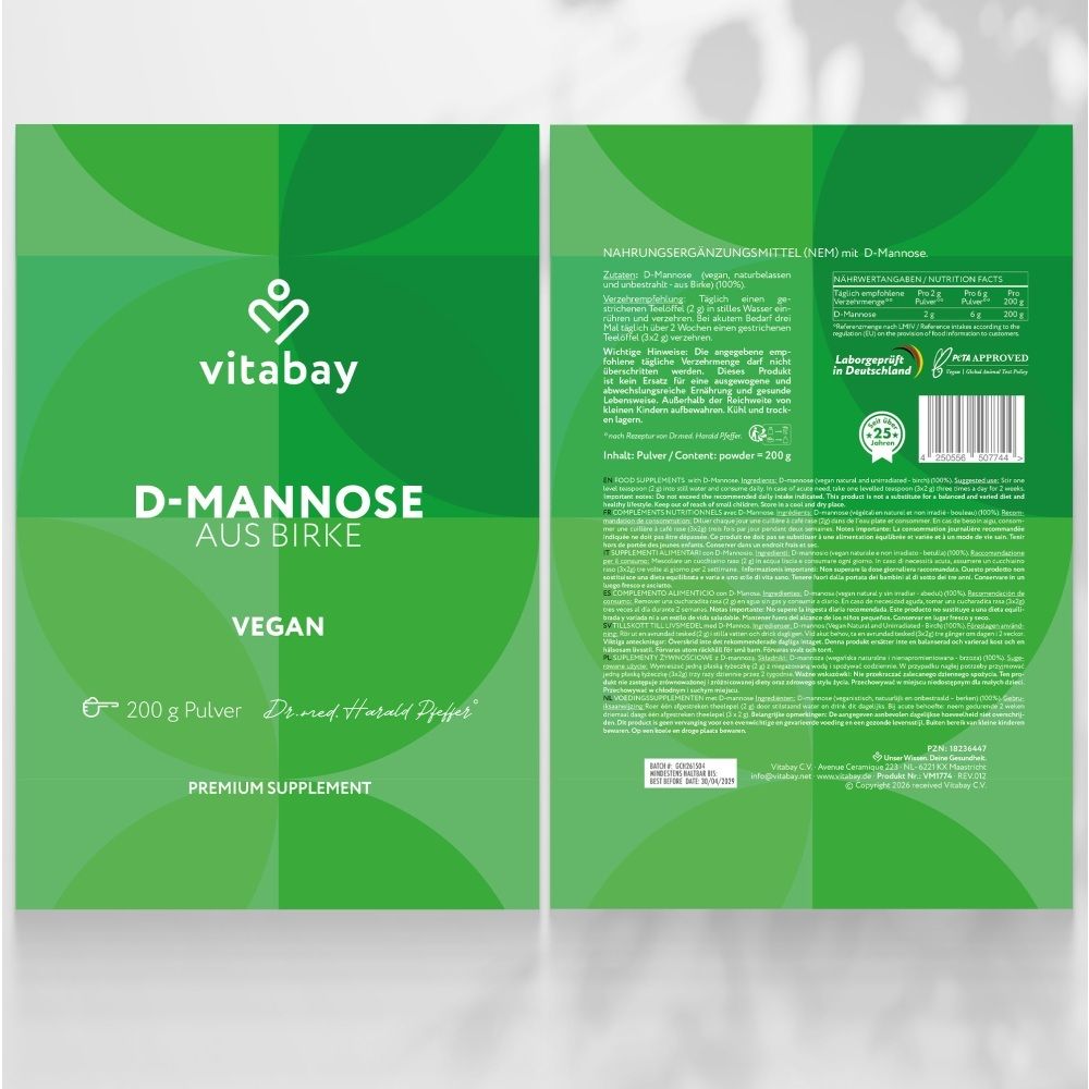 Fronte e retro del sacchetto Vitabay D-Mannosio da betulla, 200g.