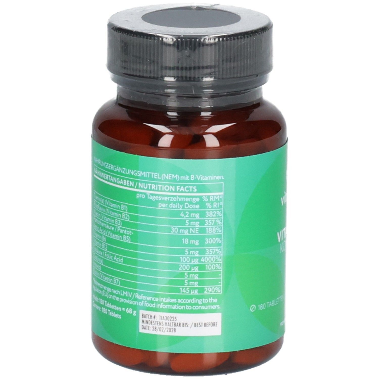 Retro della bottiglia Vitabay Vitamina B Complesso con informazioni nutrizionali.