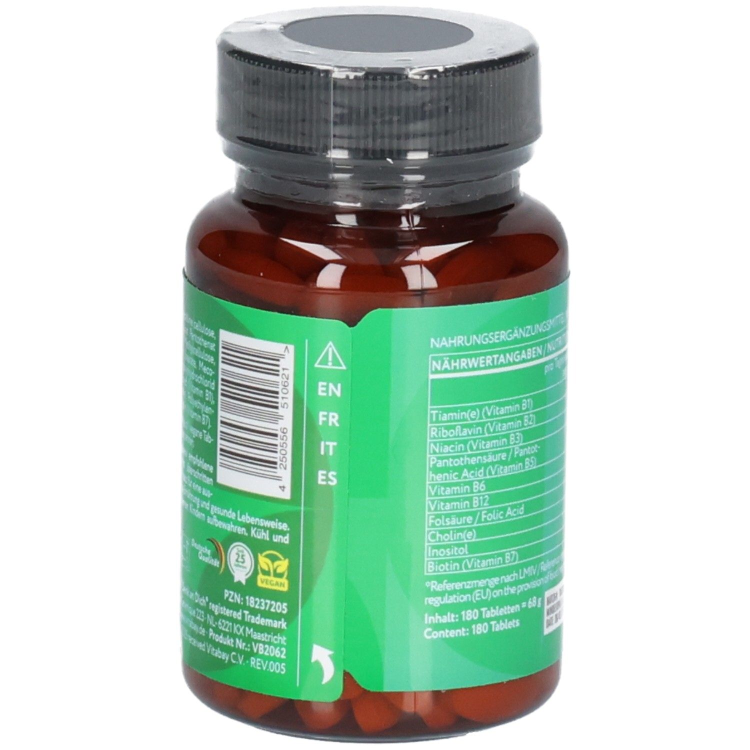 Vista laterale del flacone Vitabay Vitamina B Complesso con codice lingua.