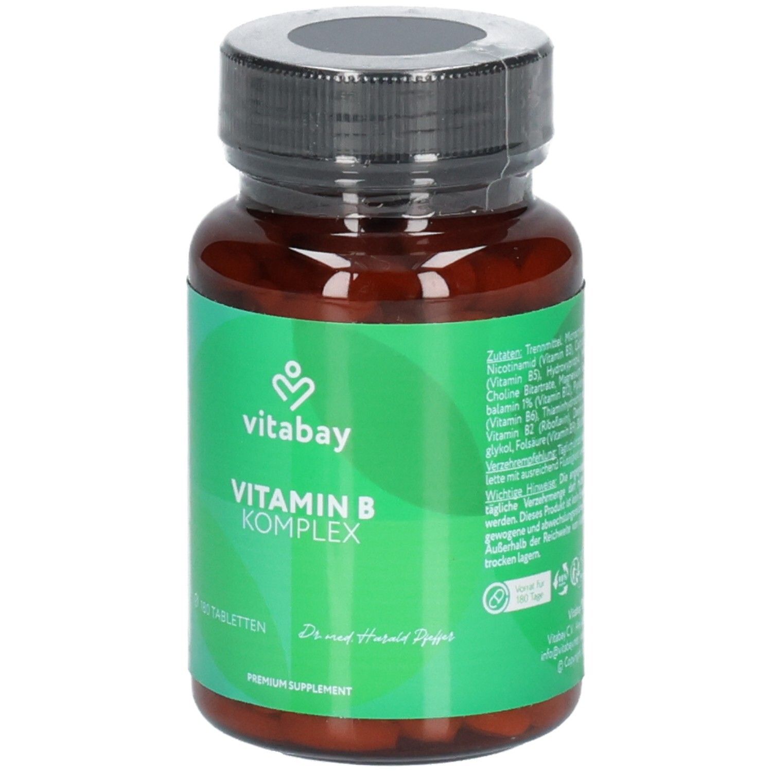 Flacone Vitabay Vitamina B Complesso con 180 compresse e sigilli.