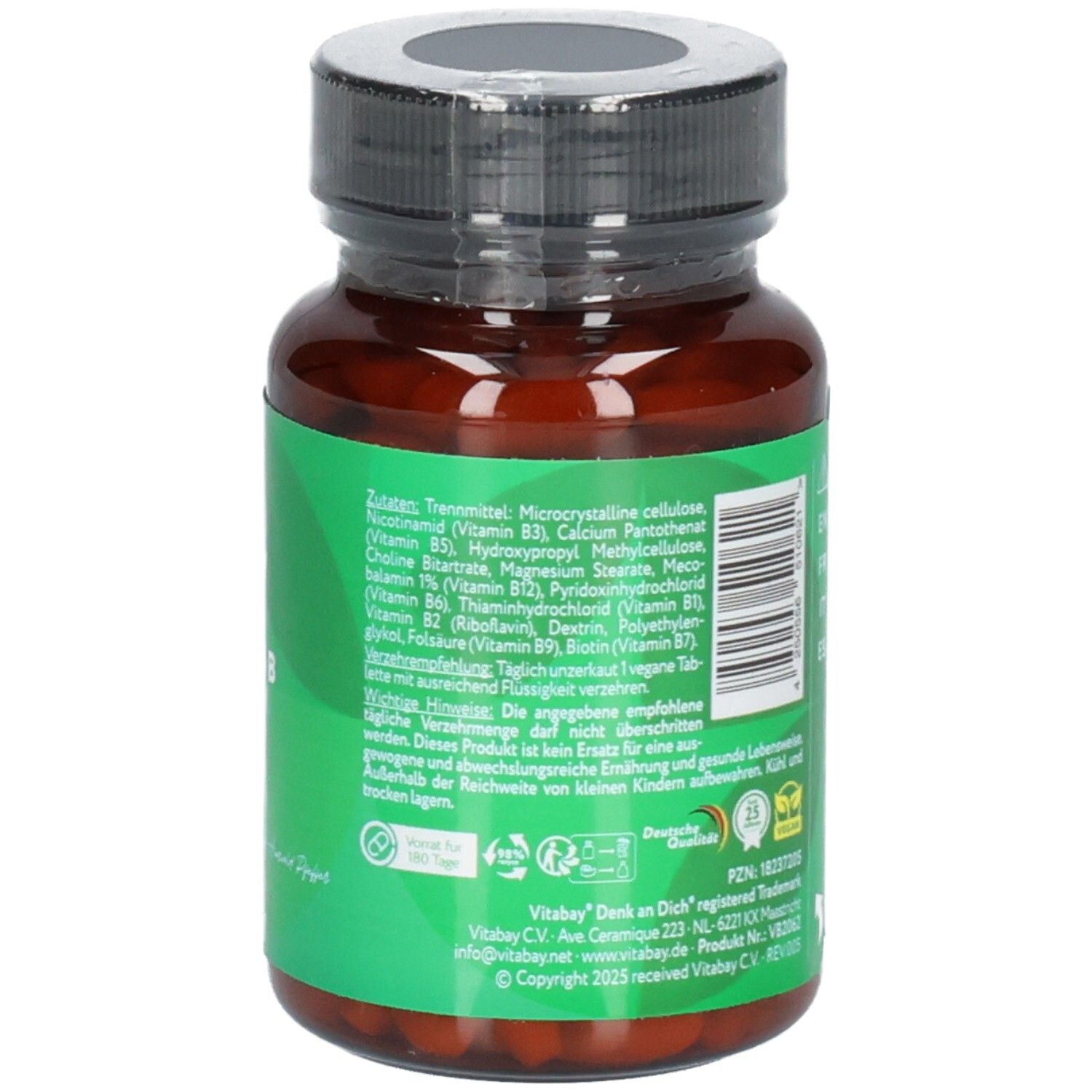 Flacone Vitabay Vitamina B Complesso con 180 compresse, sigilli e ingredienti.