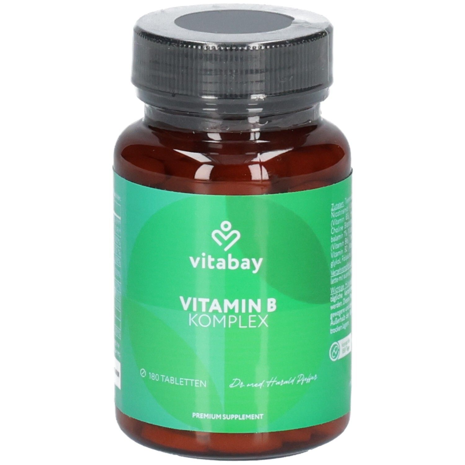 Flacone Vitabay Vitamina B Complesso con 180 compresse, sigilli e ingredienti.