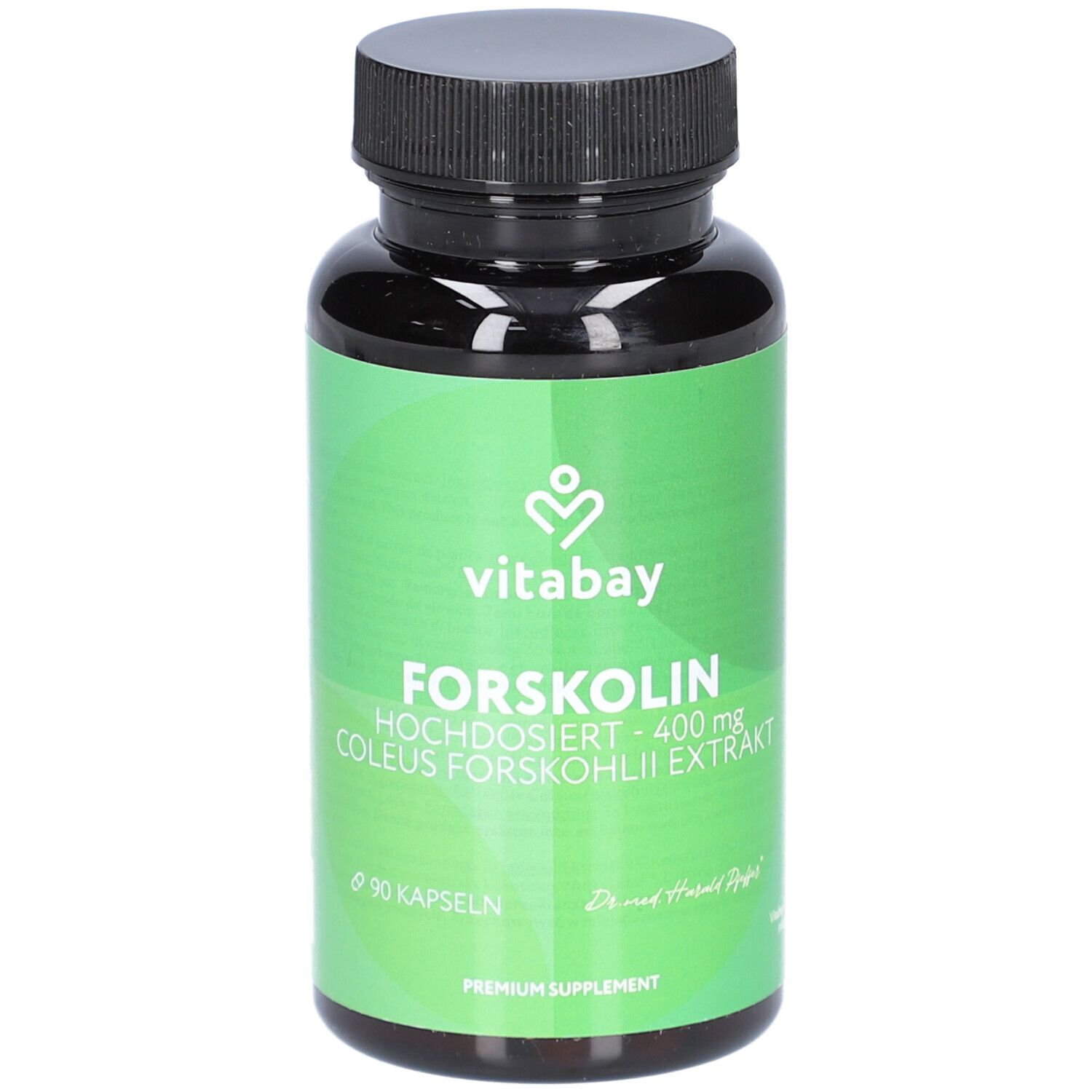 Flacone verde con tappo nero. Scritta: Vitabay Forskolin 400 mg, 90 capsule. Integratore premium.