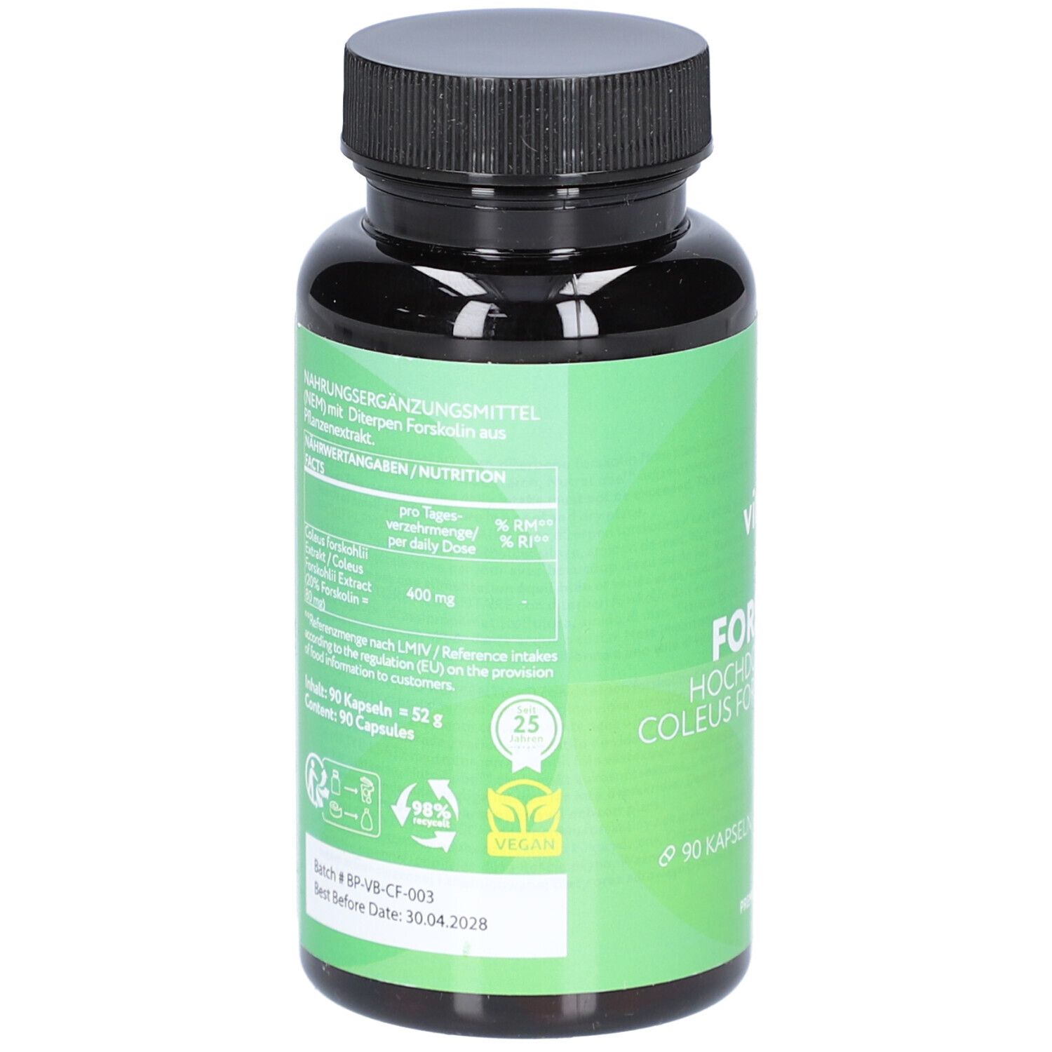 Retro del flacone verde. Contiene informazioni nutrizionali e ingredienti. Sigillo vegano.