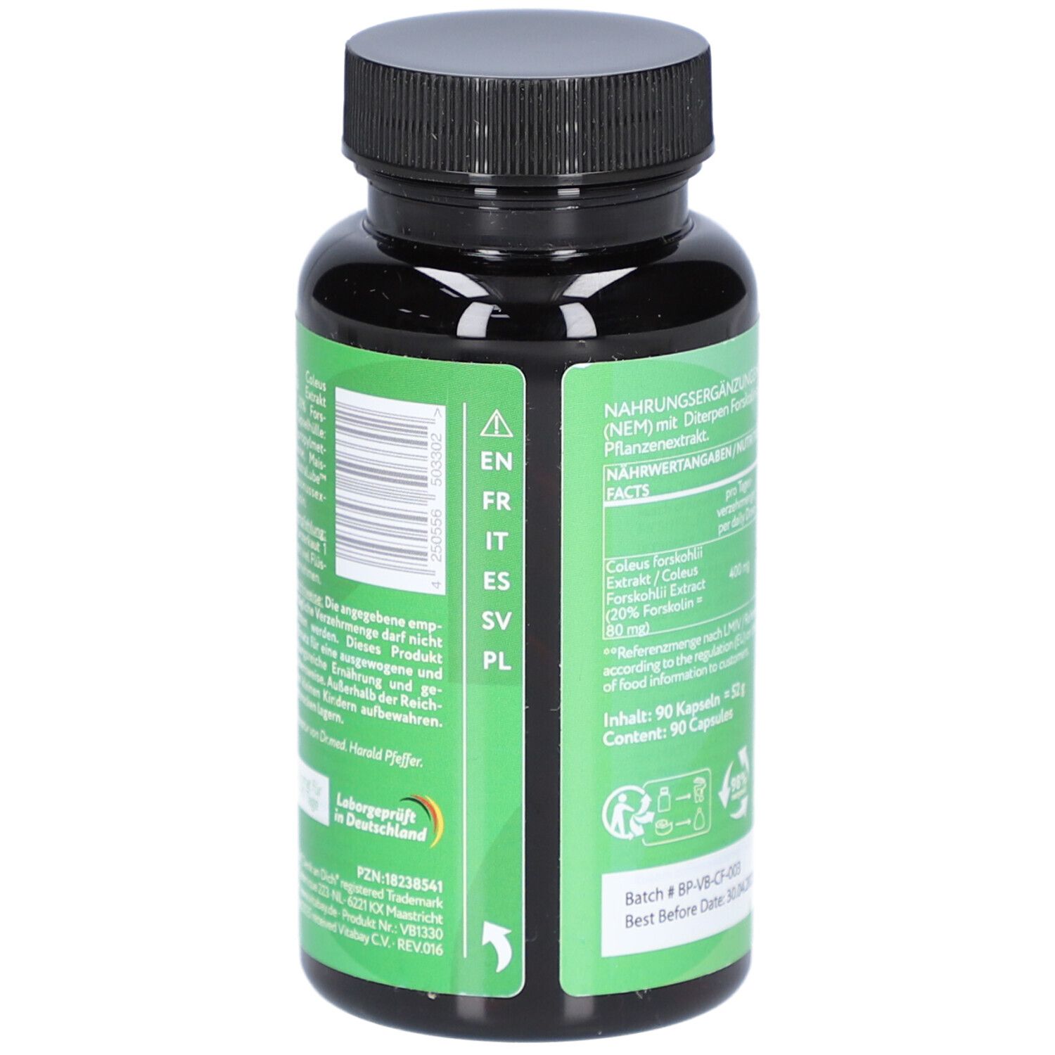 Retro del flacone verde con testo in diverse lingue. Contiene informazioni sugli ingredienti.