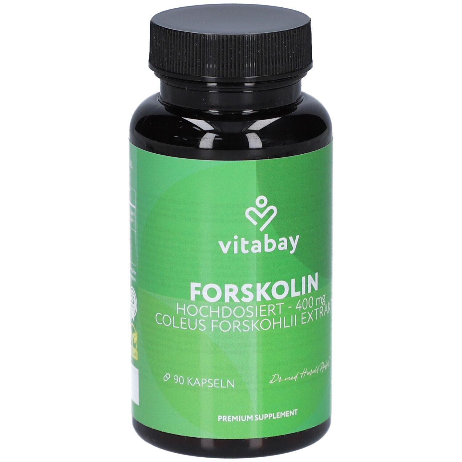 Flacone verde con tappo nero. Scritta: Vitabay Forskolin 400 mg, 90 capsule. Integratore premium.