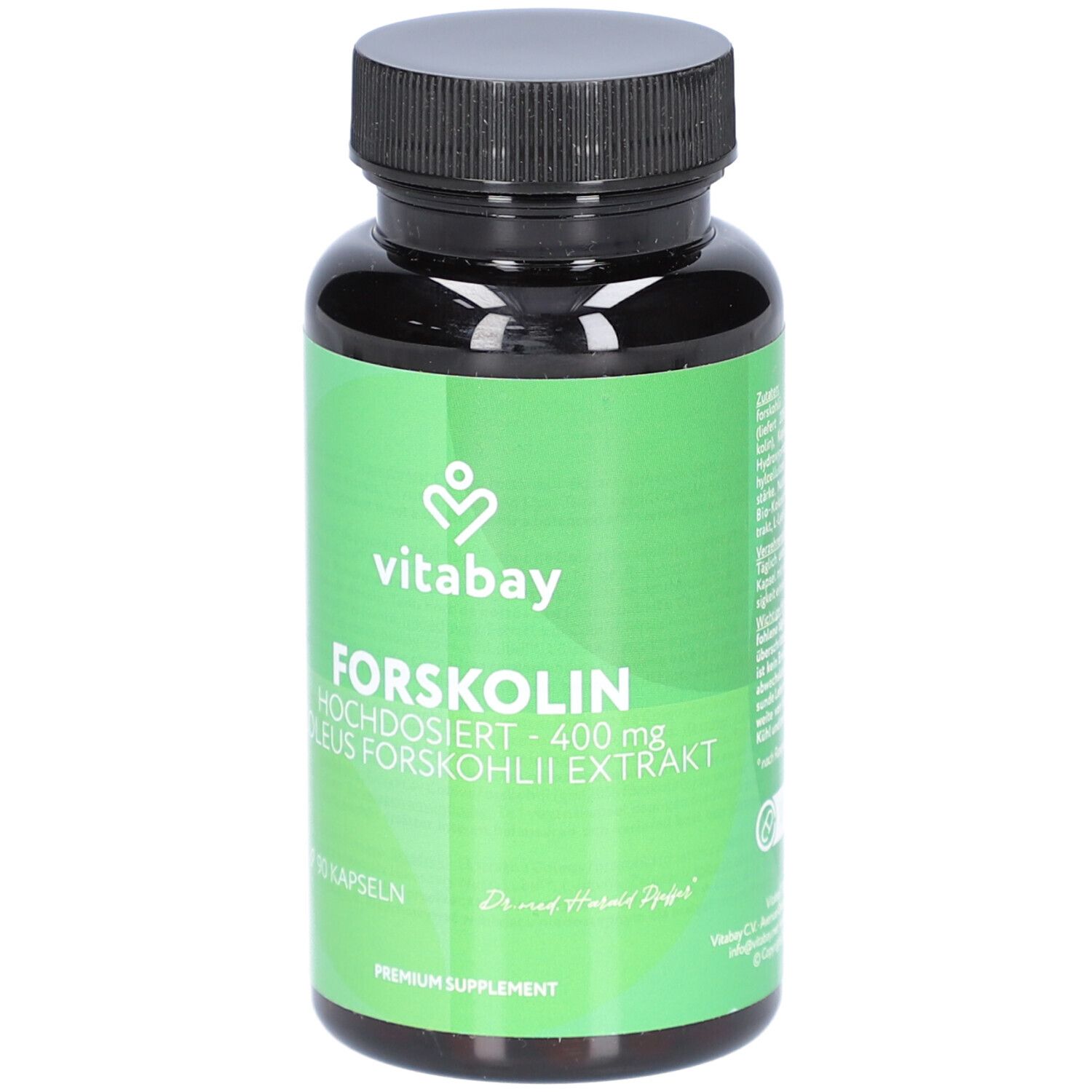 Flacone verde con tappo nero. Scritta: Vitabay Forskolin 400 mg, 90 capsule. Integratore premium.
